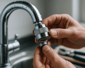 Perlator wird am Wasserhahn montiert, Gewinde im Fokus.