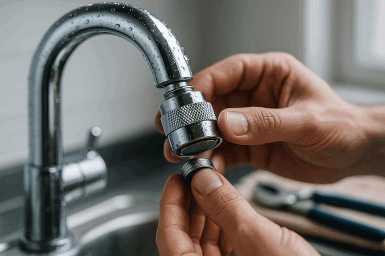 Perlator wird am Wasserhahn montiert, Gewinde im Fokus.