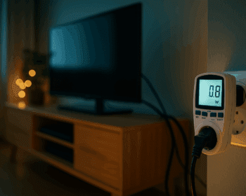 Messgerät zeigt Standby-Leistung eines Fernsehers im Wohnzimmer.